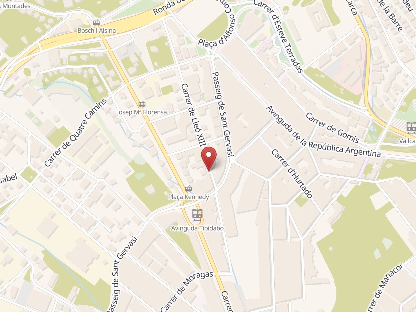 Map showing the LINK Properties office location in Sant Gervasi, Barcelona, on Carrer de Lleó XIII near Plaça Kennedy